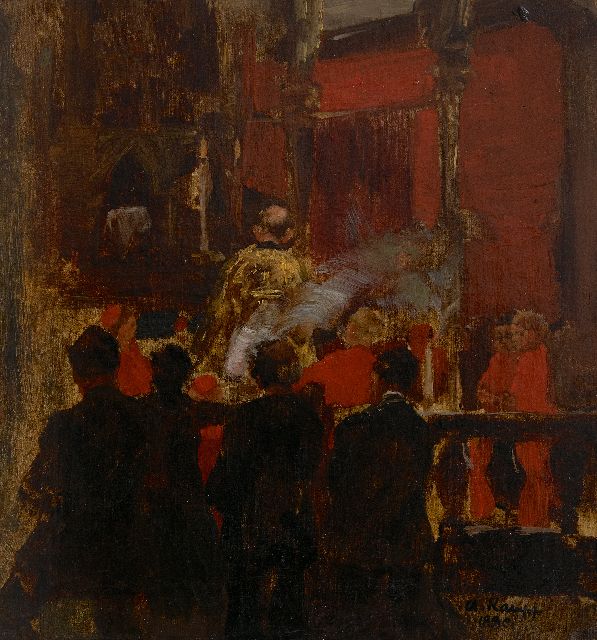 Arthur Kampf | Bij het koor, olieverf op doek, 31,9 x 30,2 cm, gesigneerd r.o. en gedateerd 1880