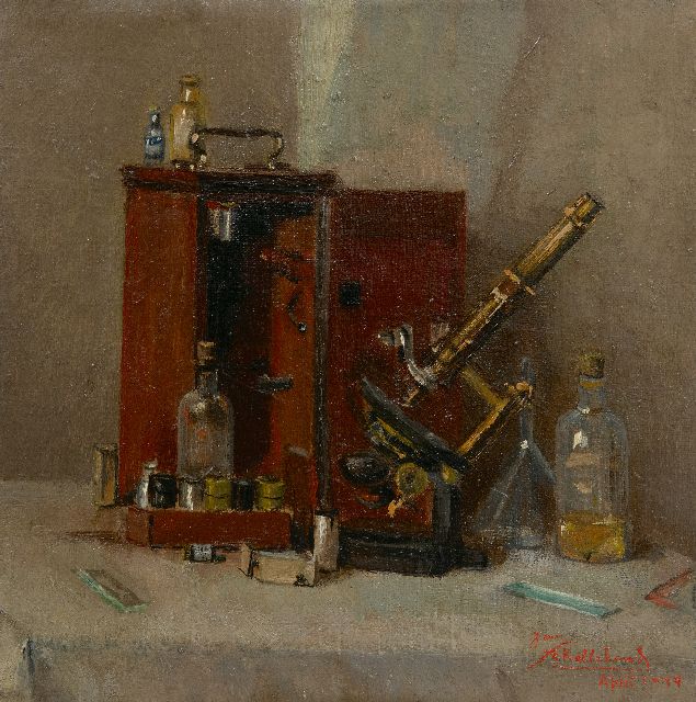 Jan Schellekens | Stilleven van apothekersinstrumenten, olieverf op doek, 25,0 x 25,0 cm, gesigneerd r.o. en gedateerd April 1944