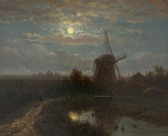 Christiaan Immerzeel | Maanverlicht landschap met molen, olieverf op paneel, 21,0 x 26,0 cm