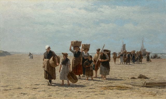 Philip Sadée | Het binnenbrengen van de vangst, Scheveningen, olieverf op doek, 80,8 x 130,3 cm, gesigneerd r.o.
