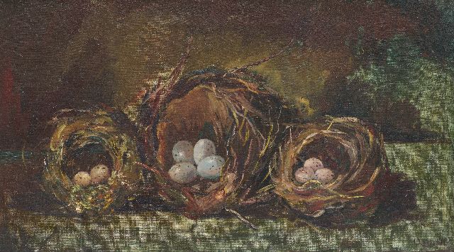 Jeanne Bieruma Oosting | Drie vogelnesten, olieverf op doek, 27,2 x 46,3 cm, gesigneerd r.o. en te dateren ca. 1922