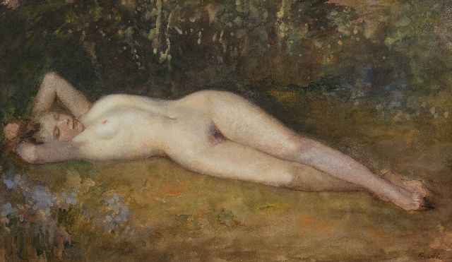 Heinrich Martin Krabbé | Liggend naakt op de bosgrond, aquarel op papier op board, 51,9 x 88,5 cm, gesigneerd r.o.