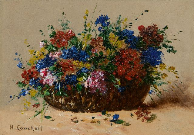 Eugène-Henri Cauchois | Zomerbloemen in een mand, olieverf op paneel, 16,8 x 24,1 cm, gesigneerd l.o.