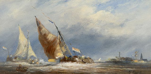 Albert Jurardus van Prooijen | Laverende tjalken bij stormweer, olieverf op paneel, 14,7 x 29,4 cm, gesigneerd r.o.