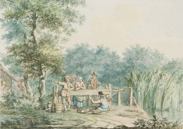 Izaäk Schmidt | Landvolk bij een hek, zwart krijt en aquarel op papier, 11,9 x 16,8 cm, gesigneerd m.o. en verso en verso gedateerd 1779