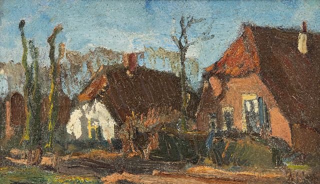 Arnout Colnot | Boerderijen aan een dorpsweg, olieverf op doek op paneel, 14,8 x 24,7 cm, gesigneerd r.o.