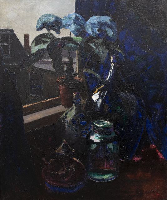 Toon Kelder | Stilleven met hortensia's bij een raam, olieverf op doek, 110,5 x 90,6 cm, gesigneerd l.o. en gedateerd '25