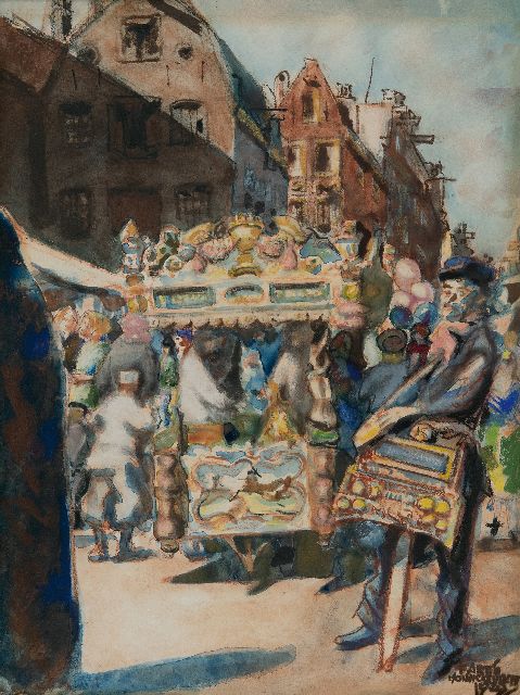 Martin Monnickendam | IJskar en draaiorgeltje op het Waterlooplein, Amsterdam, pastel en aquarel op papier, 38,5 x 29,0 cm, gesigneerd r.o. en gedateerd 1925