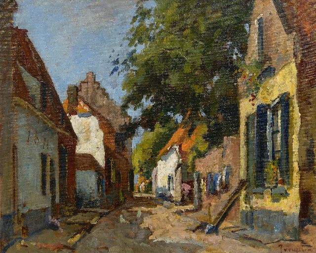 Jan van Vuuren | Zonnig dorpsstraatje, olieverf op doek, 40,0 x 50,1 cm, gesigneerd r.o.