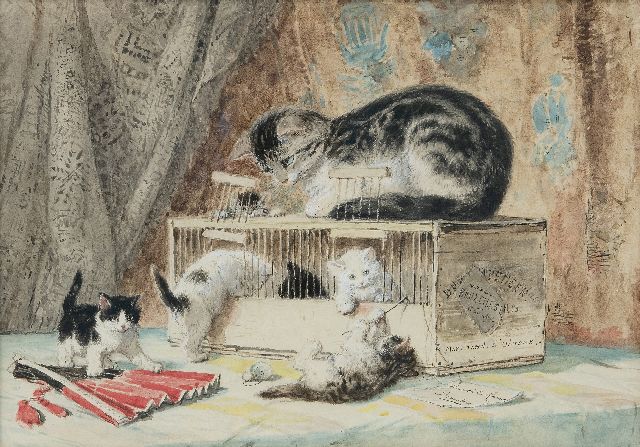 Henriette Ronner | Moederpoes en kittens spelend met een vogelkooi, aquarel op papier, 30,0 x 55,0 cm, gesigneerd r.o.