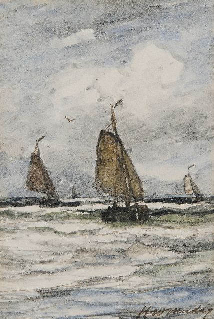 Hendrik Willem Mesdag | Terugkeer van de Scheveningse vissersvloot, voorop de SCH-9, bruine inkt en aquarel op papier, 19,5 x 15,5 cm, gesigneerd r.o.