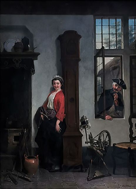 Belgische School, 2e helft 19e eeuw | Bezoek tijdens het spinnen, olieverf op paneel, 69,8 x 49,4 cm, gesigneerd r.o. en gedateerd 1865