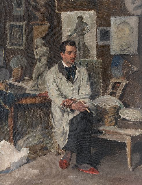 Johannes Weiland | Kunstenaar in zijn atelier, olieverf op doek, 49,2 x 37,7 cm, gesigneerd r.o.