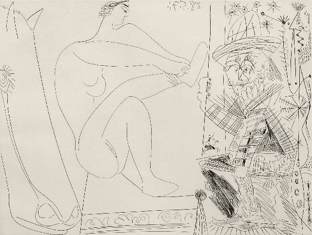 Picasso | Au cirque. Écuyère se chaussant dans les coulisses et clown au trapèze., ets, 31,4 x 41,2 cm, gedateerd 28.5.71 (in de plaat)