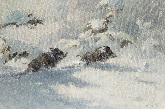 Schatz M.  | Wilde zwijnen in de sneeuw, olieverf op doek 60,2 x 90,0 cm, gesigneerd r.o.