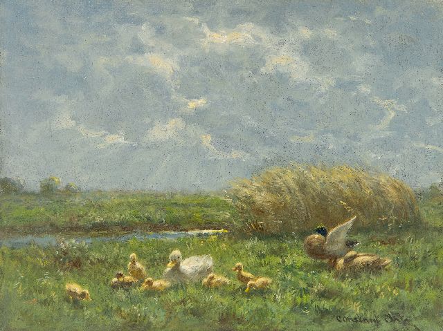 Constant Artz | Eendenfamilie in een polderlandschap, olieverf op paneel, 18,1 x 24,1 cm, gesigneerd r.o.