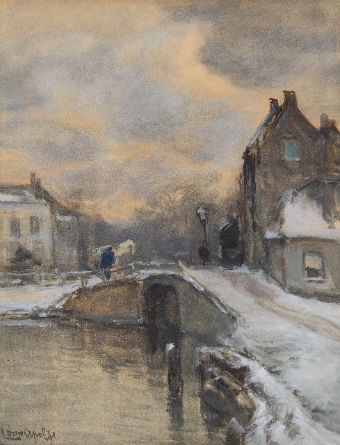 Louis Apol | Winters dorpsgrachtje in de sneeuw, aquarel op papier op board, 28,7 x 22,1 cm, gesigneerd l.o.