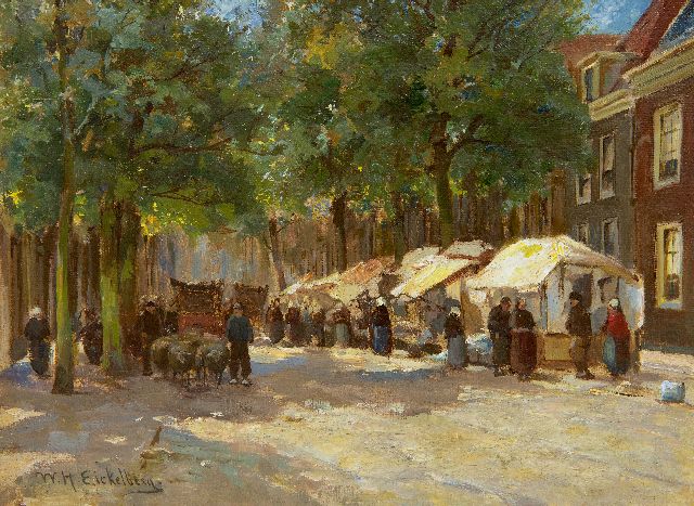 Willem Hendrik Eickelberg | Markt onder de bomen, olieverf op doek, 20,3 x 27,1 cm, gesigneerd l.o.