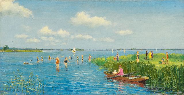 Jan Planting | Zomers zwemplezier bij De Leien in Friesland, olieverf op doek, 19,6 x 37,1 cm, gesigneerd r.o. en gedateerd 1939