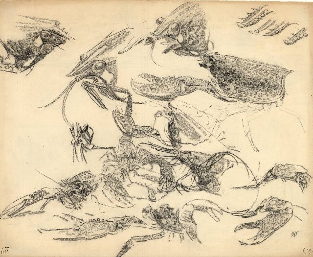 Gerrit Willem Dijsselhof | Studie van kreeften en rivierkreeftjes, zwart krijt op papier, 34,4 x 42,5 cm, gesigneerd r.o. met monogram