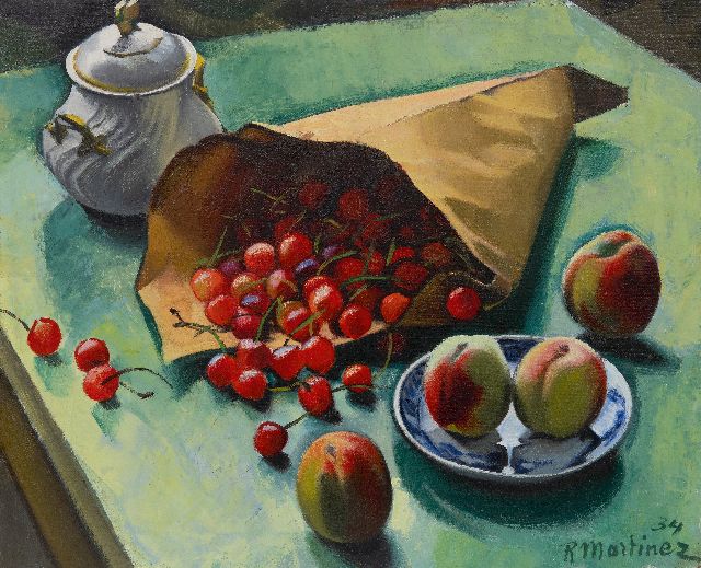 Raoul Martinez | Stilleven met een zak kersen en perziken, olieverf op doek, 45,2 x 55,3 cm, gesigneerd r.o. en gedateerd '34