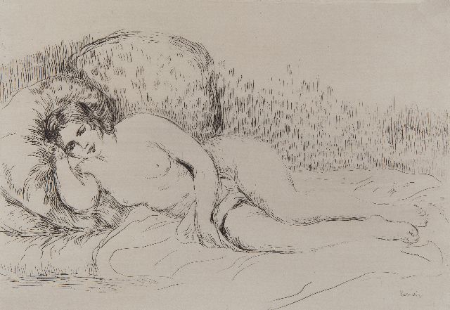Renoir P.A.  | Femme nue couchée, ets 13,4 x 19,4 cm, gesigneerd r.o. (in de plaat) en te dateren 1906