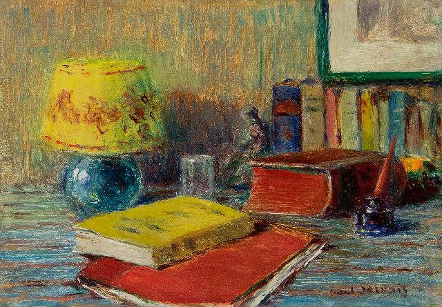 Paul Jean Louis Gervais | Stilleven met boeken en lamp, olieverf op paneel, 10,1 x 14,3 cm, gesigneerd r.o.