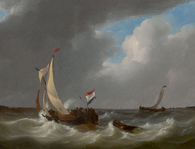 Johannes Christianus Schotel | Hollandse tjalk op ruwe zee, olieverf op doek, 71,4 x 93,3 cm, gesigneerd l.o. en gedateerd 1829