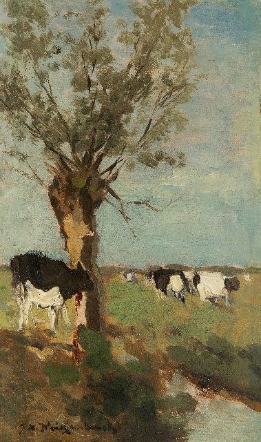 Jan Hendrik Weissenbruch | Koeien bij een knotwilg, olieverf op doek op paneel, 32,1 x 19,1 cm, gesigneerd l.o. en te dateren jaren 90