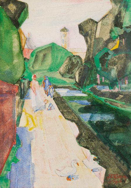 Toorop J.Th.  | Wandelaars in een park, potlood en aquarel op papier 21,5 x 15,5 cm, gesigneerd r.o. en gedateerd 1926