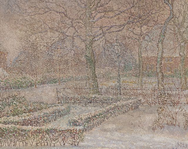 Jakob Nieweg | Tuin van de schilder in de sneeuw, Amersfoort, olieverf op doek, 40,5 x 50,5 cm, gesigneerd r.o. met monogram en gedateerd '29