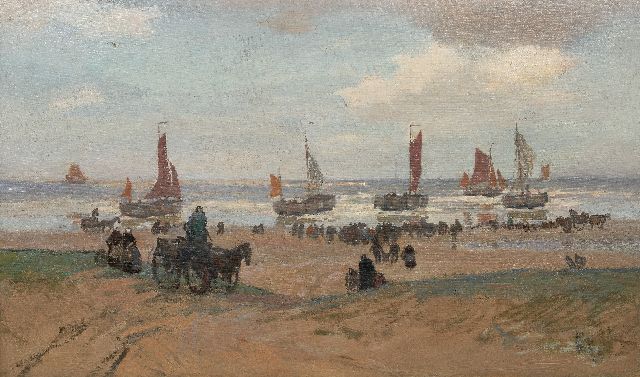 Willy Sluiter | Wachten op de vangst op het strand van Katwijk aan Zee, olieverf op doek, 89,0 x 149,5 cm, gesigneerd op spieraam en te dateren ca. 1898-1909