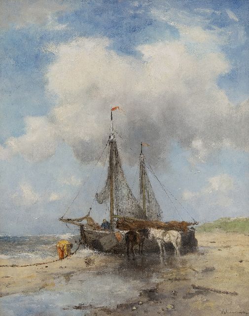Johan Frederik Cornelis Scherrewitz | Bomschuiten op het strand, olieverf op doek, 50,5 x 40,5 cm, gesigneerd r.o.