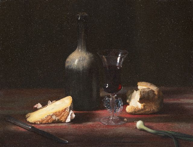 Jan Eversen | Stilleven met een glas port en blauwe kaas, olieverf op doek, 41,0 x 51,0 cm, gesigneerd l.o. en gedateerd 1958