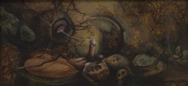 Johannes Garst | Erotische fantasievoorstelling, olieverf op board, 10,1 x 20,1 cm, gesigneerd l.o.