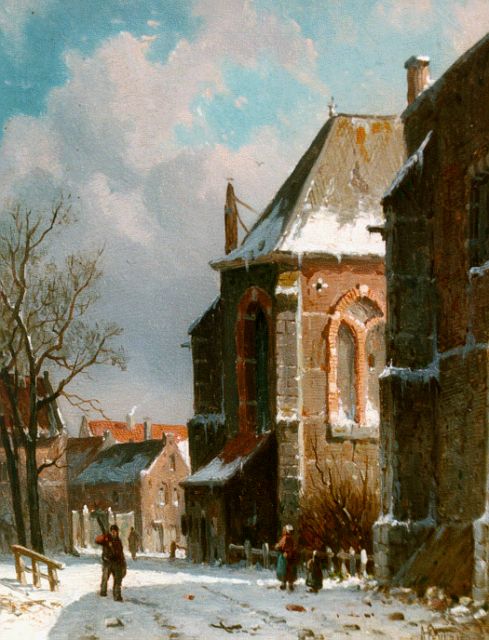 Adrianus Eversen | Besneeuwd straatje bij de kerk, olieverf op paneel, 19,0 x 15,1 cm, gesigneerd r.o.