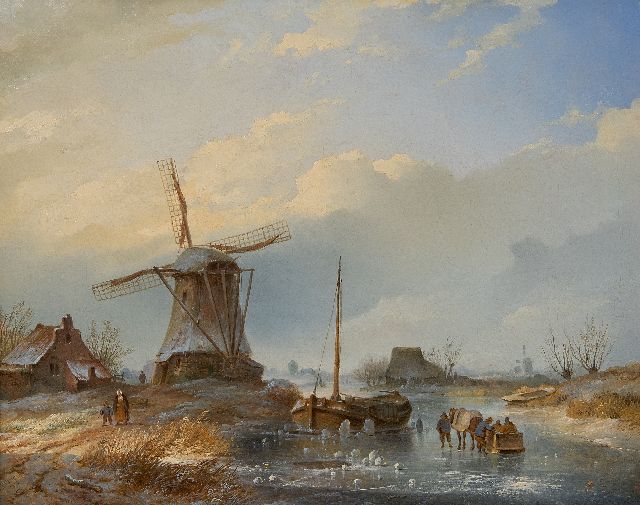 Johannes Hilverdink | Winterlandschap met figuren op het ijs bij een molen, olieverf op doek, 40,0 x 50,5 cm, gesigneerd l.o. en gedateerd 1842