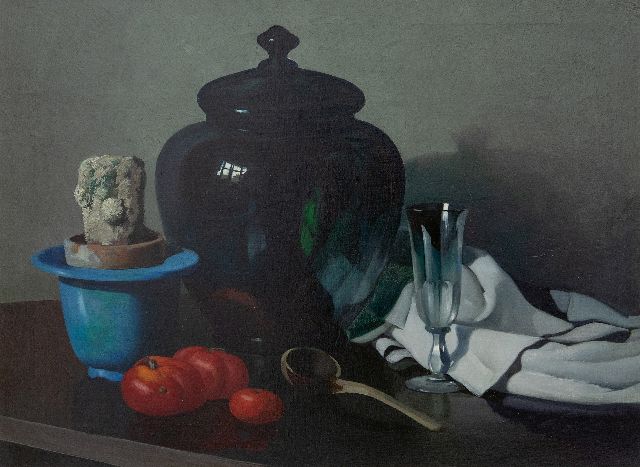 Hoff A.J. van 't | Stilleven met cactus in een pot, glazen bowl en tomaten, olieverf op doek 56,7 x 75,8 cm