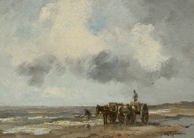 Willem George Frederik Jansen | Schelpenvissers in de branding, olieverf op doek, 25,2 x 34,7 cm, gesigneerd r.o.