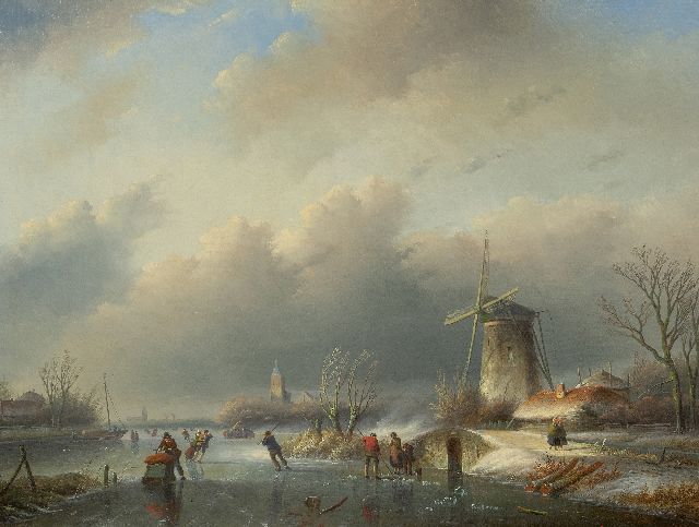 Jan Jacob Spohler | Bedrijvigheid op het ijs bij een molen, olieverf op doek, 60,2 x 80,0 cm, gesigneerd l.o.