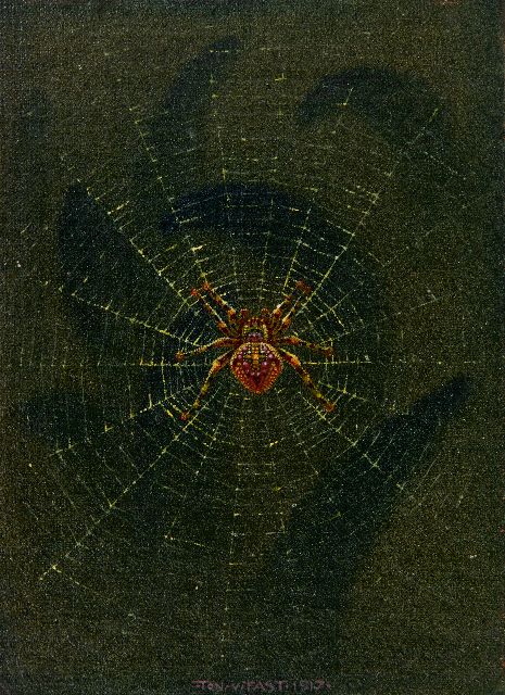 Tast (Anton van der Valk)  van | Spin in web, olieverf op doek op paneel 17,5 x 13,0 cm, gesigneerd m.o. en gedateerd 1917
