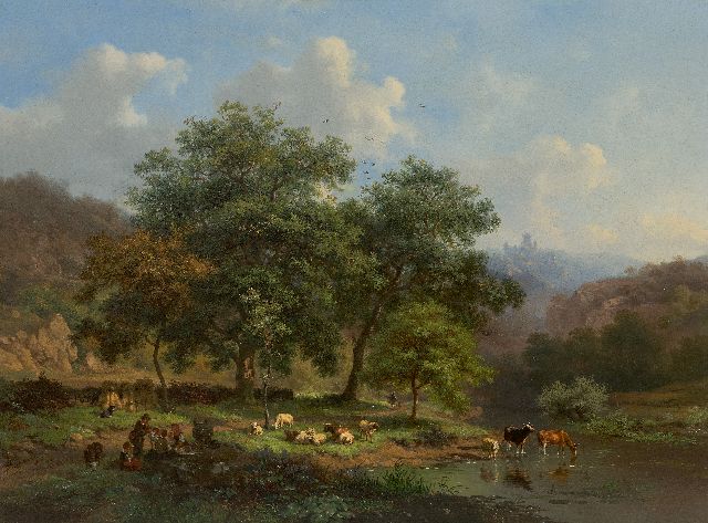 Frederik Marinus Kruseman | Zomerlandschap met rustend landvolk en vee bij een rivier, olieverf op paneel, 48,1 x 64,4 cm, gesigneerd l.o.