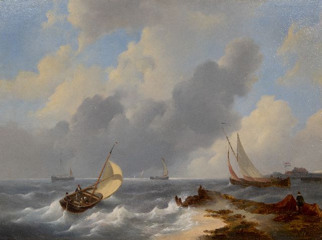 Johannes Christianus Schotel | Schepen op een woelige zee, olieverf op paneel, 45,7 x 61,4 cm, gesigneerd r.o.