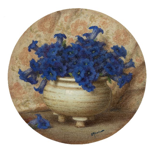 Ernest Filliard | Paarse bloemen in aardenwerk pot, aquarel op papier, 36,3 x 36,3 cm, gesigneerd r.o.