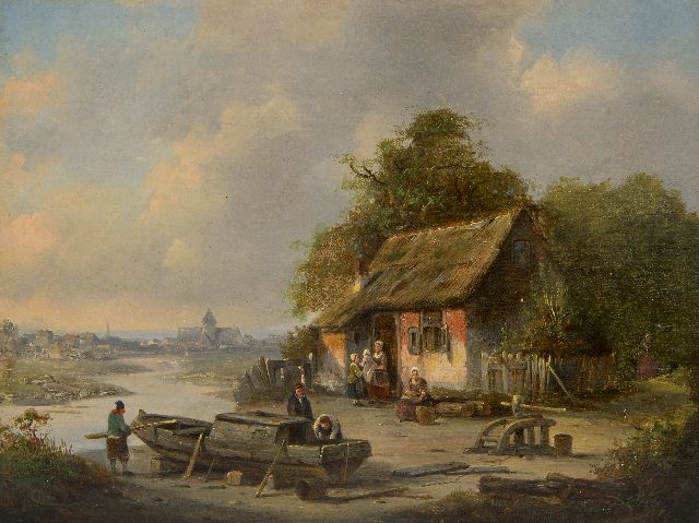 Jacques Carabain | Rivierlandschap met bootbouw op een werfje, olieverf op paneel, 19,3 x 25,3 cm, gesigneerd l.o.