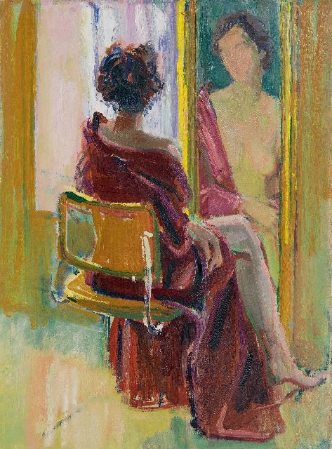 Baan J.L. van der | Naakt, zittend voor een spiegel, olieverf op doek 80,4 x 60,5 cm, zonder lijst