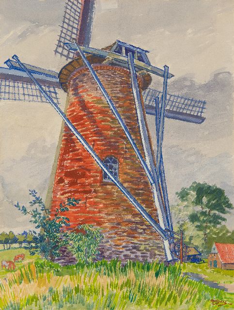 Henk Melgers | Molen te Saasveld, gouache op papier, 49,4 x 37,2 cm, gesigneerd r.o.
