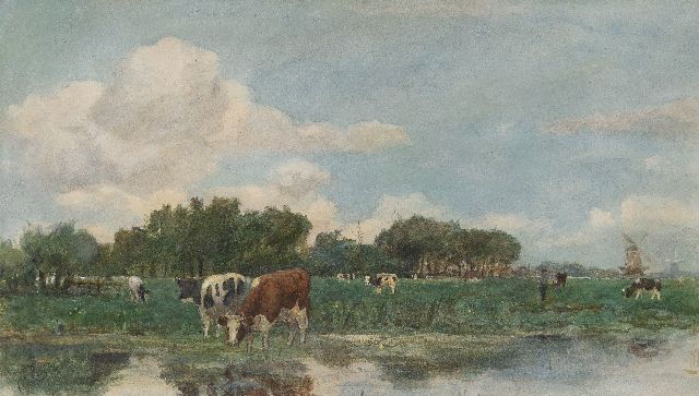 Poggenbeek G.J.H.  | Hollands weidelandschap met koeien en molens, aquarel op papier 23,5 x 41,0 cm, gesigneerd l.o.