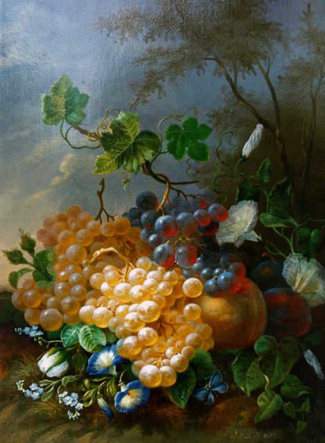 Waarden J. van der | Stilleven met druiven, perziken en kelkbloemen, olieverf op paneel 34,6 x 26,7 cm, gesigneerd r.o. initialen en gedateerd 1857