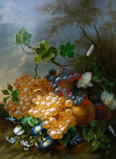 Jan van der Waarden | Stilleven met druiven, perziken en kelkbloemen, olieverf op paneel, 34,6 x 26,7 cm, gesigneerd r.o. initialen en gedateerd 1857